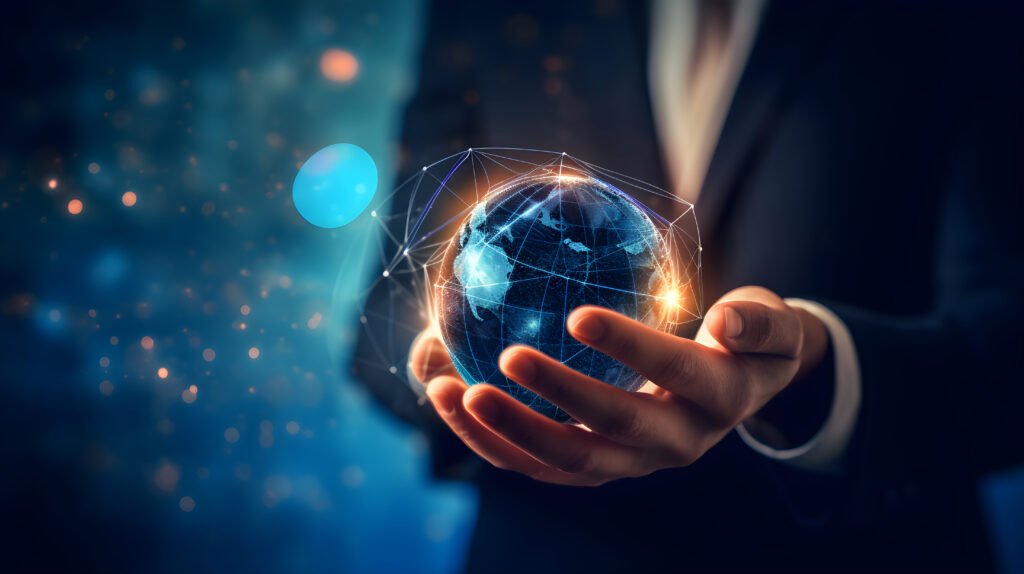 Businessman holding a glowing hologram globe. Businessman touching technology, global network and data exchange. Generative Ai